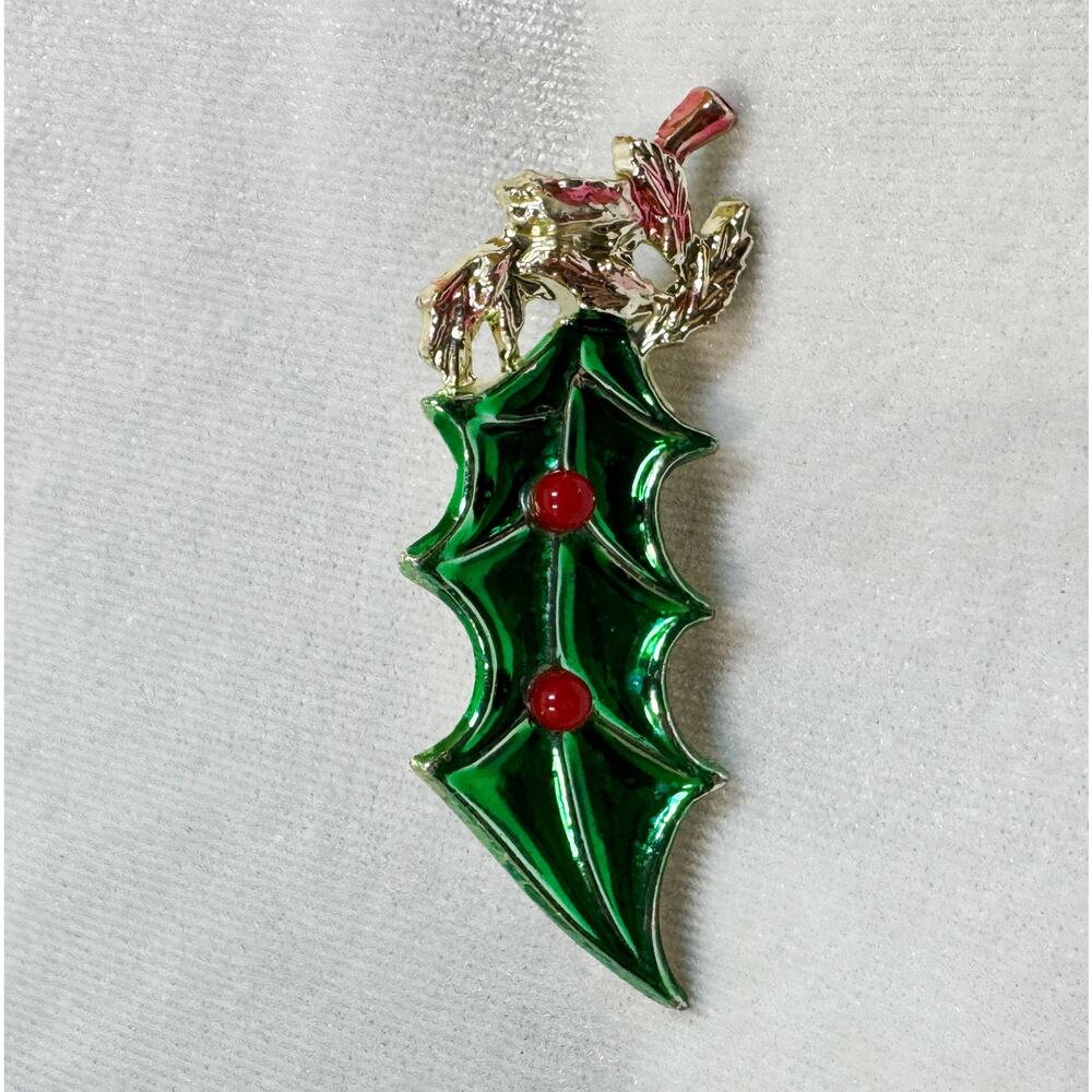 Vintage Enamel Holly Leaf Brooch Pin Green Red Gold Tone Christmas  2.25" CP182 - Picture 3 of 4
